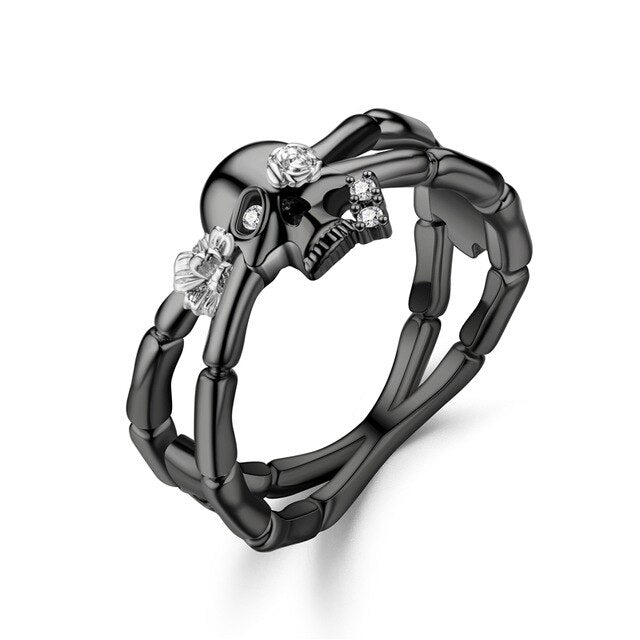 Skull, Skeleton Hand, Flower and Cubic Zirconia Punk Biker Ring-Rings-Innovato Design-10-Black-Innovato Design