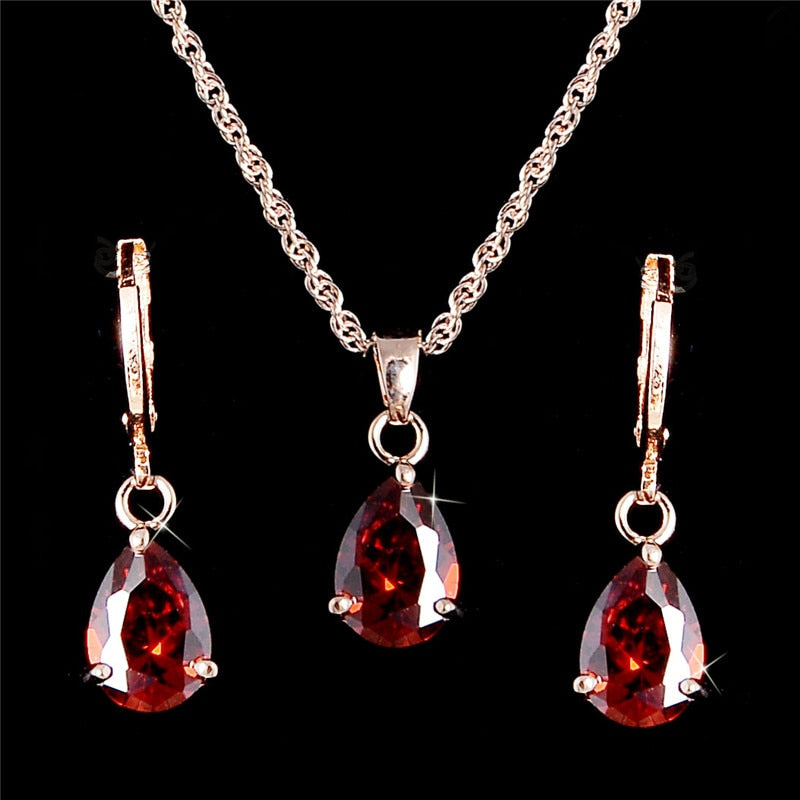 Crystal Necklace & Earrings Fashion Jewelry Set-Jewelry Sets-Innovato Design-Rose Red-Innovato Design