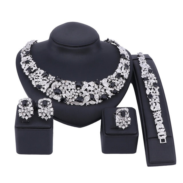 Bohemia Crystal and Rhinestone Necklace, Bracelet, Earrings & Ring Wedding Jewelry Set-Jewelry Sets-Innovato Design-Silver Black-Innovato Design