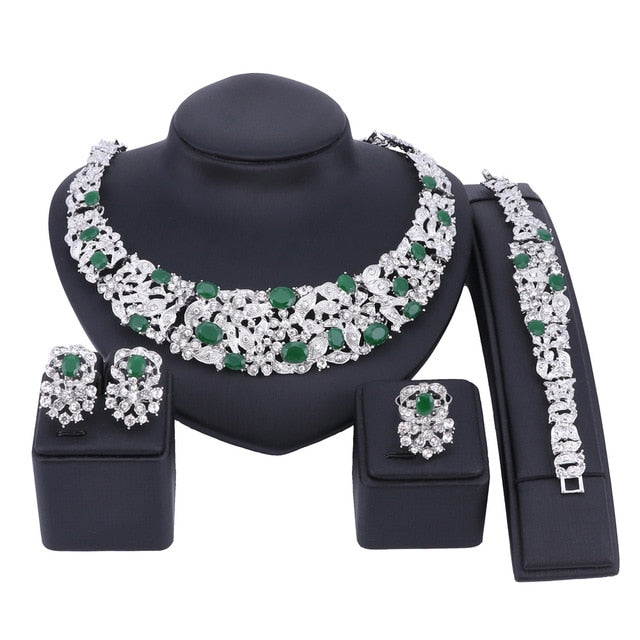 Bohemia Crystal and Rhinestone Necklace, Bracelet, Earrings & Ring Wedding Jewelry Set-Jewelry Sets-Innovato Design-Silver Green-Innovato Design