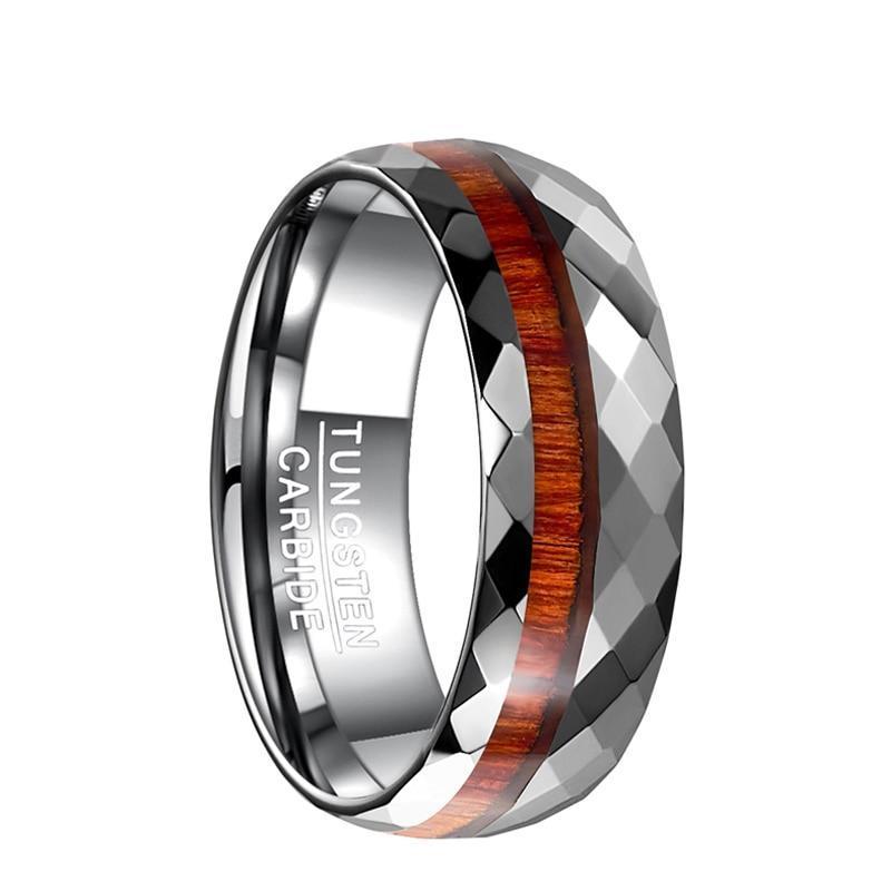 8mm Koa Wood Inlay Multifaceted Tungsten Wedding Ring-Rings-Innovato Design-7-Innovato Design