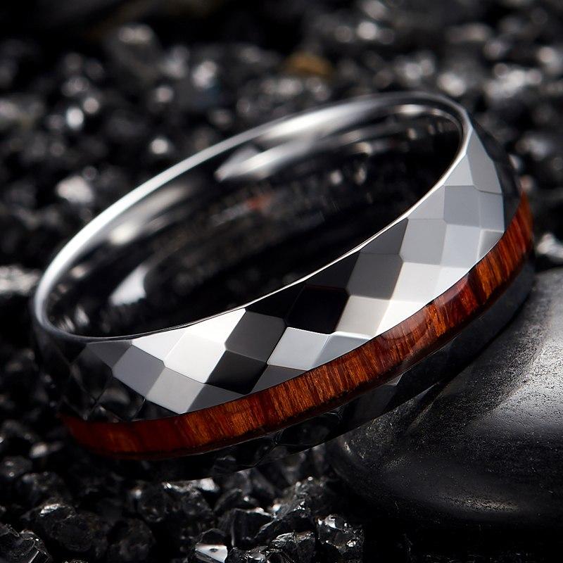 8mm Koa Wood Inlay Multifaceted Tungsten Wedding Ring-Rings-Innovato Design-7-Innovato Design