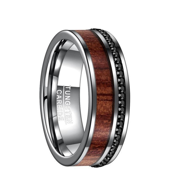 8mm Black Cubic Zirconia with Koa Wood Inlay and Silver-Plated Tungsten Carbide Wedding Ring