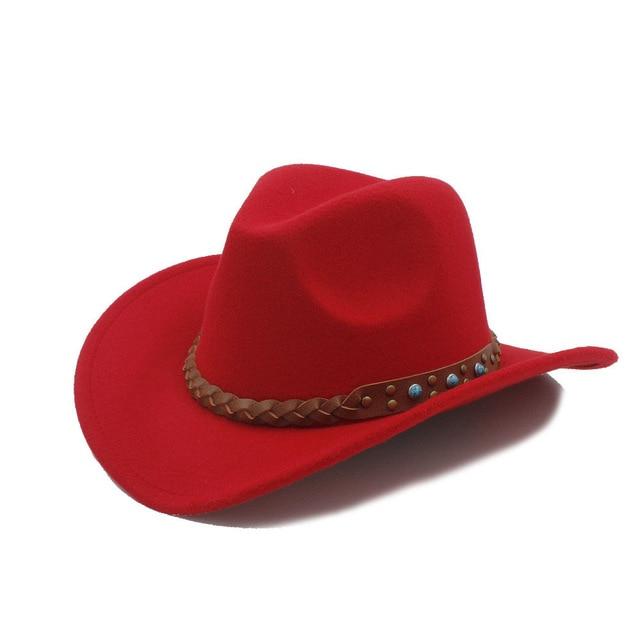 Cowboy Hat Fedora with Turquoise Beads and Faux Leather Braid Band-Hats-Innovato Design-Red-Innovato Design