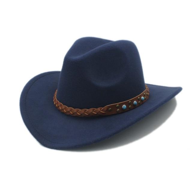 Cowboy Hat Fedora with Turquoise Beads and Faux Leather Braid Band-Hats-Innovato Design-Navy-Innovato Design