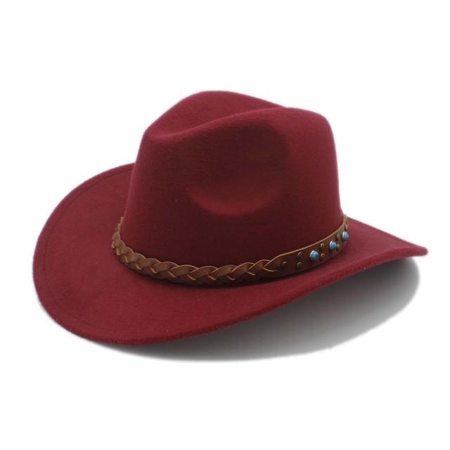 Cowboy Hat Fedora with Turquoise Beads and Faux Leather Braid Band-Hats-Innovato Design-Wine Red-Innovato Design