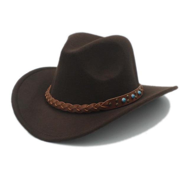 Cowboy Hat Fedora with Turquoise Beads and Faux Leather Braid Band-Hats-Innovato Design-Brown-Innovato Design