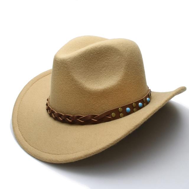 Cowboy Hat Fedora with Turquoise Beads and Faux Leather Braid Band-Hats-Innovato Design-Beige-Innovato Design