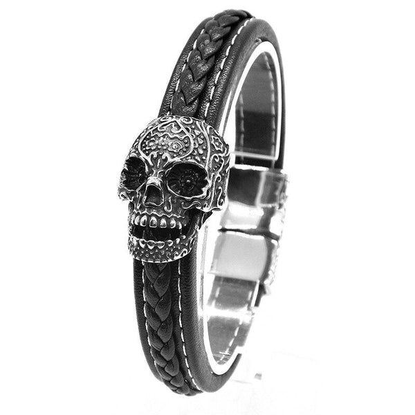 Black Braided Leather Tribal Skull Bracelet - InnovatoDesign