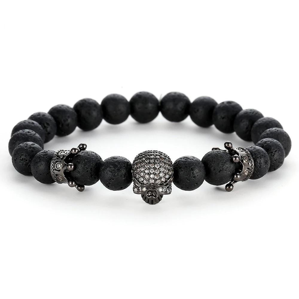 Black Natural Stone Bead with Skull Bracelet-Skull Bracelet-Innovato Design-Silver-Innovato Design