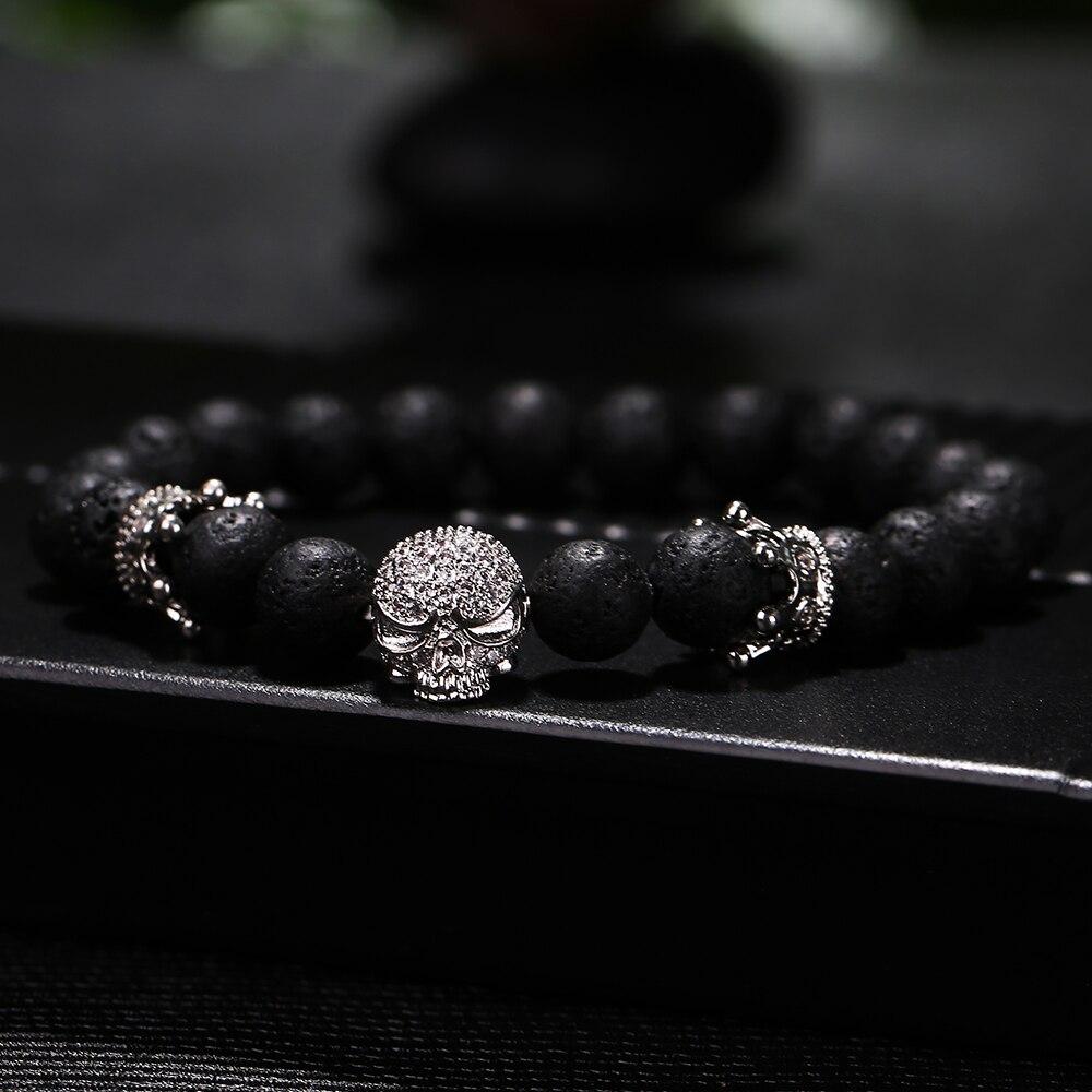 Black Natural Stone Bead with Skull Bracelet-Skull Bracelet-Innovato Design-Silver-Innovato Design