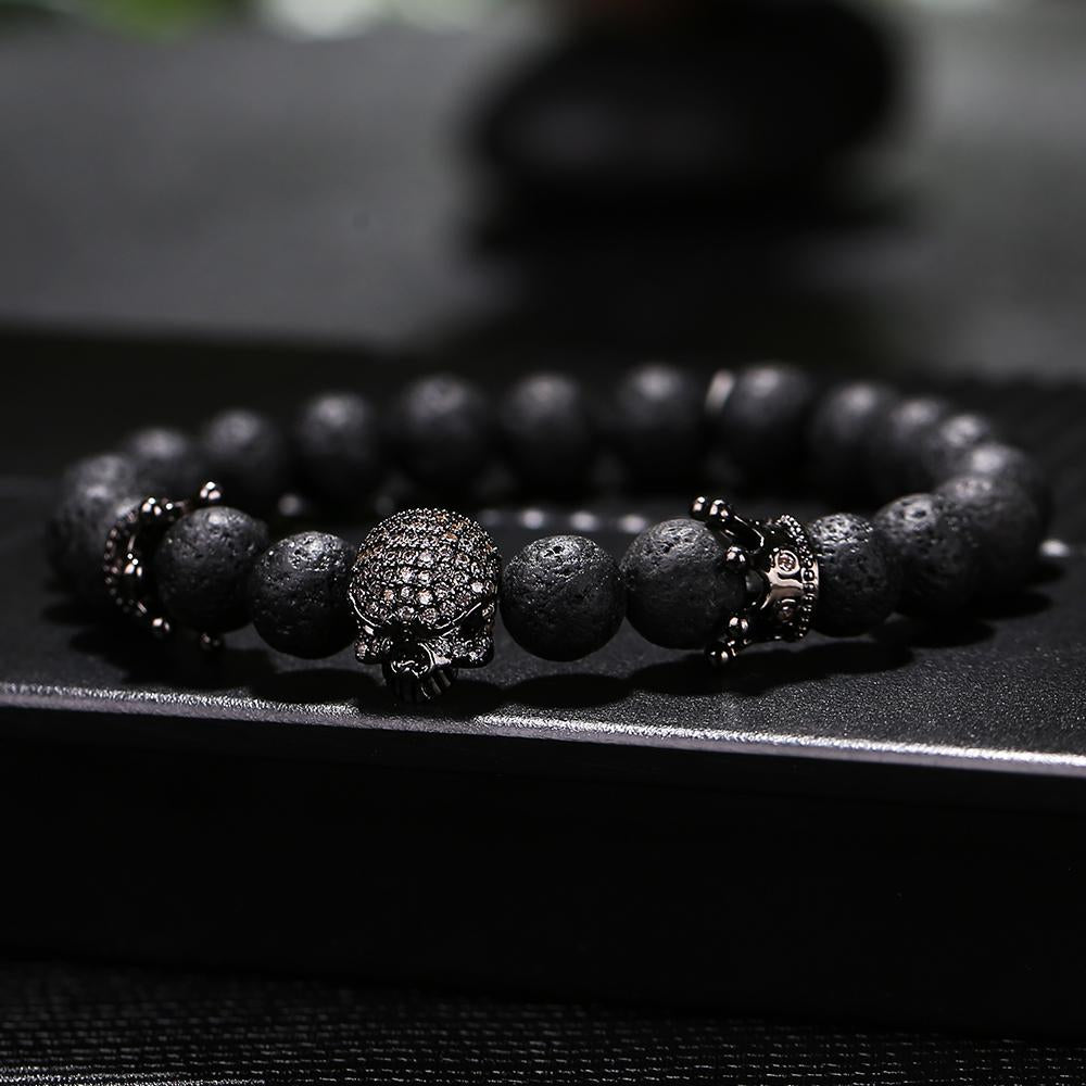 Black Natural Stone Bead with Skull Bracelet-Skull Bracelet-Innovato Design-Silver-Innovato Design