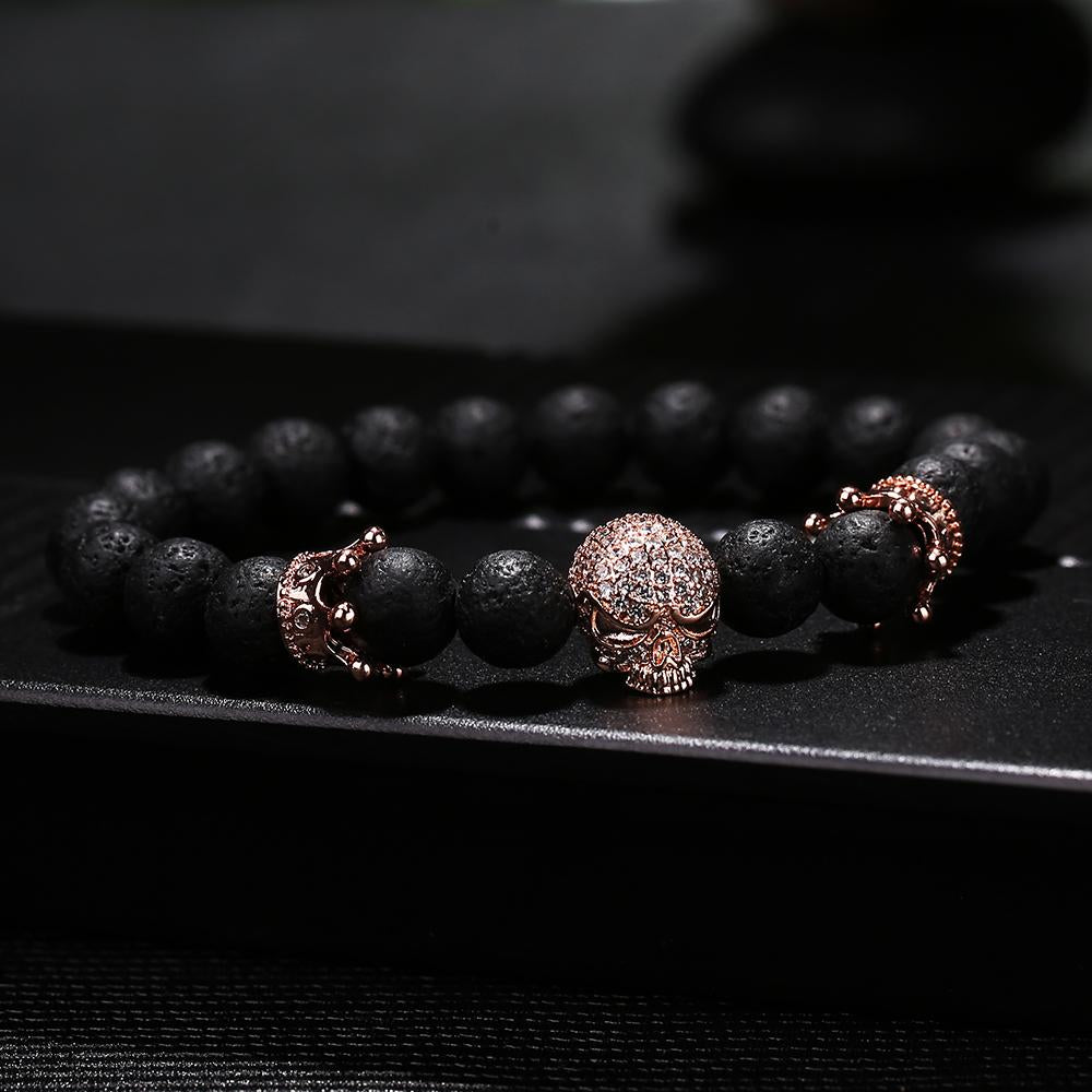 Black Natural Stone Bead with Skull Bracelet-Skull Bracelet-Innovato Design-Silver-Innovato Design