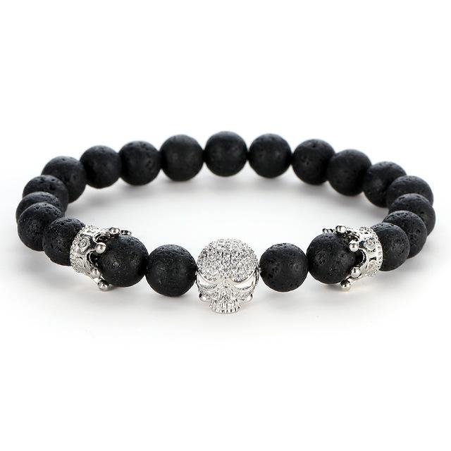 Black Natural Stone Bead with Skull Bracelet-Skull Bracelet-Innovato Design-Silver-Innovato Design