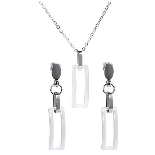 Rectangular Black or White Ceramic Necklace & Earrings Wedding Geometric Jewelry Set-Jewelry Sets-Innovato Design-White-Innovato Design