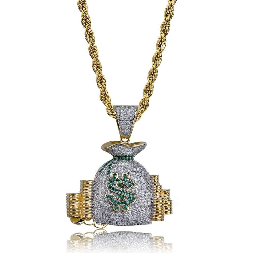 US Dollars Money Bag Paved Cubic Zirconia Stainless Steel Hip-Hop Pendant Necklace-Necklace-Innovato Design-Cuban Chain-18inch-Innovato Design