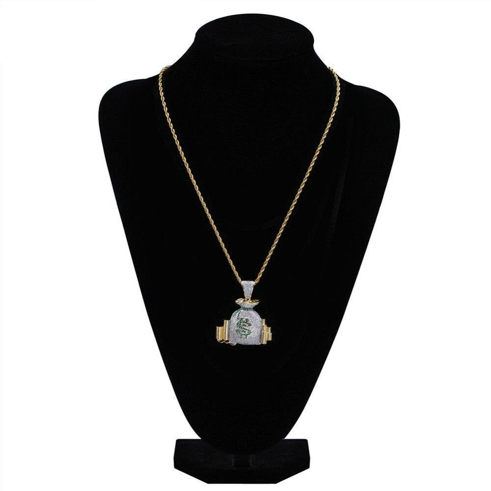 US Dollars Money Bag Paved Cubic Zirconia Stainless Steel Hip-Hop Pendant Necklace-Necklace-Innovato Design-Cuban Chain-18inch-Innovato Design