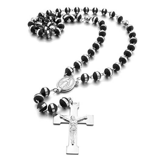 Black Beaded Stainless Steel Silver Rosary-Necklaces-Innovato Design-Innovato Design