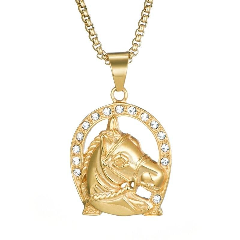 Rhinestone-Studded Gold-Plated Ranch Horse Bling 316L Stainless Steel Hip-hop Pendant Necklace-Necklaces-Innovato Design-Innovato Design