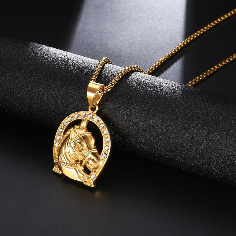 Rhinestone-Studded Gold-Plated Ranch Horse Bling 316L Stainless Steel Hip-hop Pendant Necklace-Necklaces-Innovato Design-Innovato Design