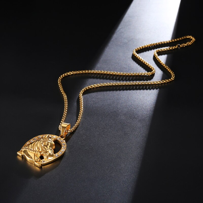 Rhinestone-Studded Gold-Plated Ranch Horse Bling 316L Stainless Steel Hip-hop Pendant Necklace-Necklaces-Innovato Design-Innovato Design