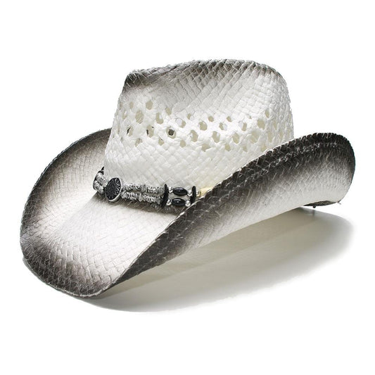 White and Black Crocodile Style Straw Cowboy Hat with Alloy Bead Band-Hats-Innovato Design-Black-Innovato Design