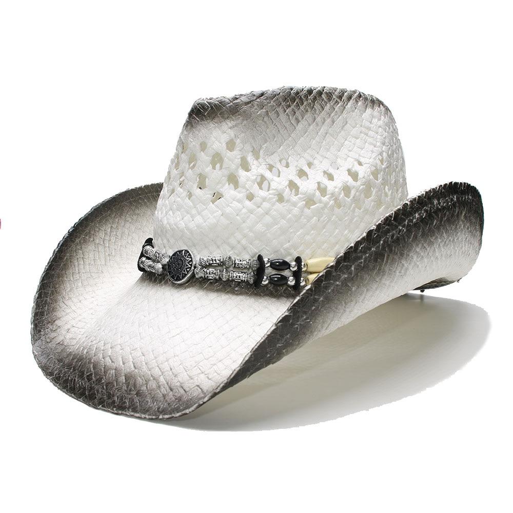 White and Black Crocodile Style Straw Cowboy Hat with Alloy Bead Band-Hats-Innovato Design-Silver-Innovato Design