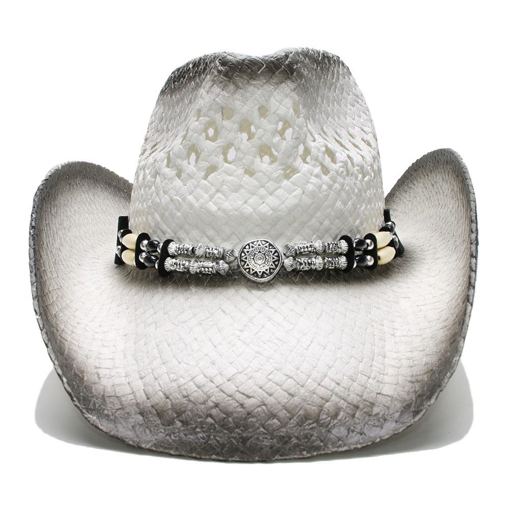 White and Black Crocodile Style Straw Cowboy Hat with Alloy Bead Band-Hats-Innovato Design-Silver-Innovato Design