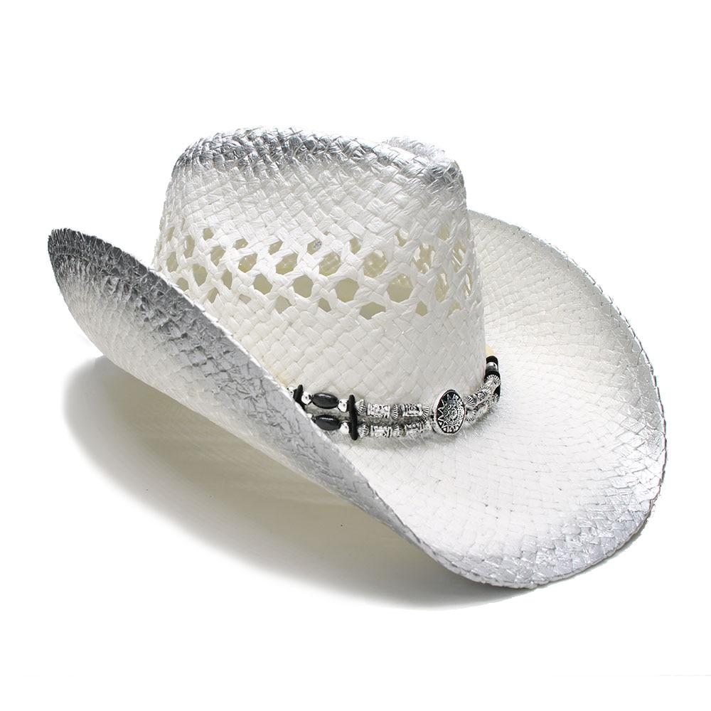 White and Black Crocodile Style Straw Cowboy Hat with Alloy Bead Band-Hats-Innovato Design-Silver-Innovato Design
