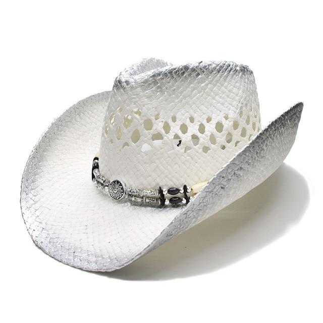 White and Black Crocodile Style Straw Cowboy Hat with Alloy Bead Band-Hats-Innovato Design-Silver-Innovato Design