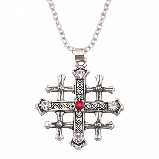 Stainless Steel Silver Jerusalem Cross Pendant with Ruby Crystal-Necklaces-Innovato Design-Innovato Design