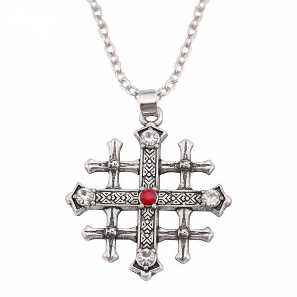 Stainless Steel Silver Jerusalem Cross Pendant with Ruby Crystal - InnovatoDesign