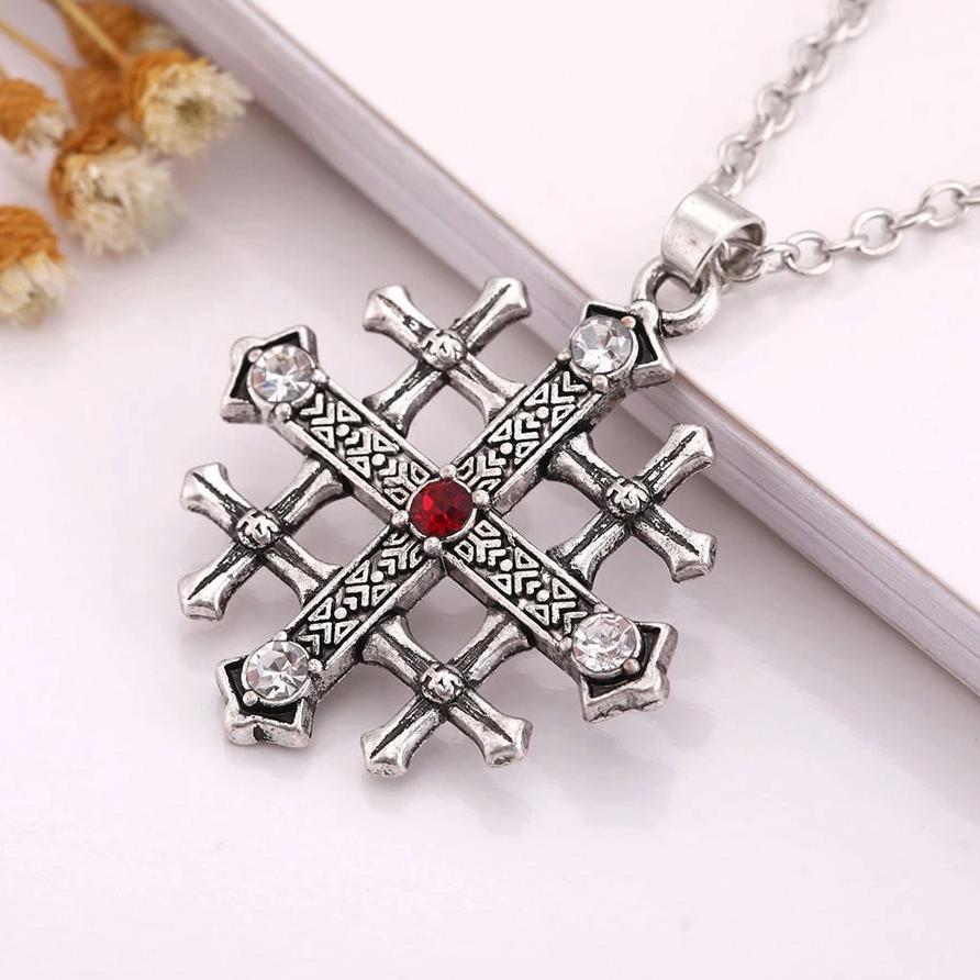 Stainless Steel Silver Jerusalem Cross Pendant with Ruby Crystal-Necklaces-Innovato Design-Innovato Design