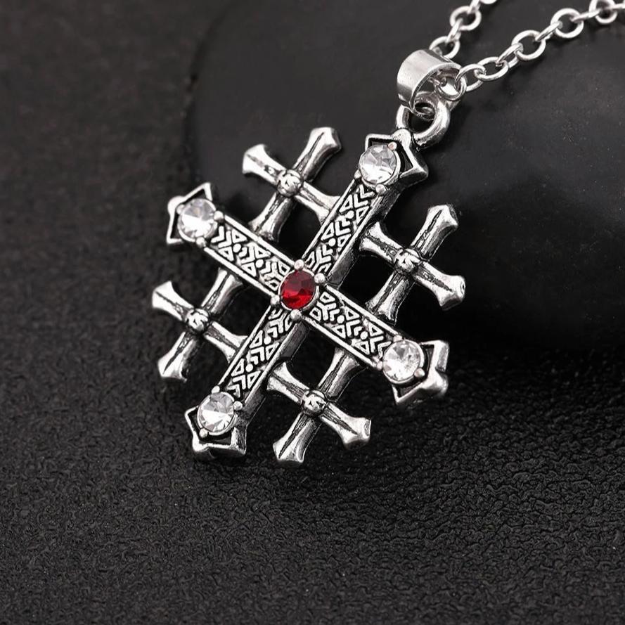 Stainless Steel Silver Jerusalem Cross Pendant with Ruby Crystal-Necklaces-Innovato Design-Innovato Design
