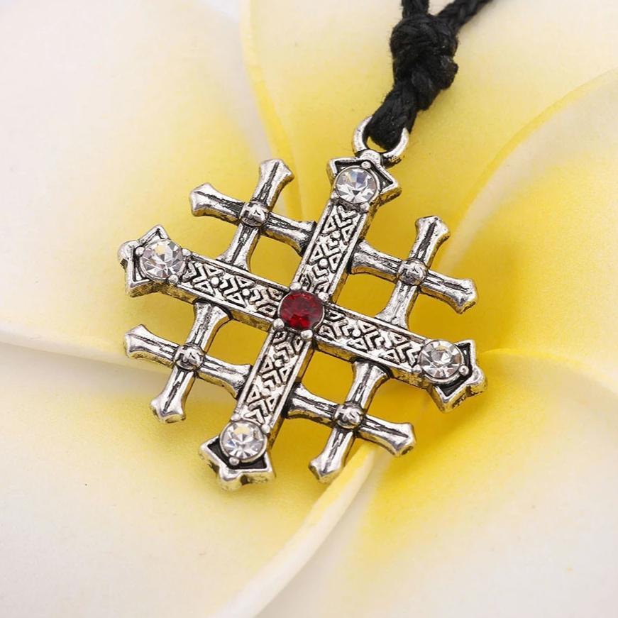 Stainless Steel Silver Jerusalem Cross Pendant with Ruby Crystal-Necklaces-Innovato Design-Innovato Design