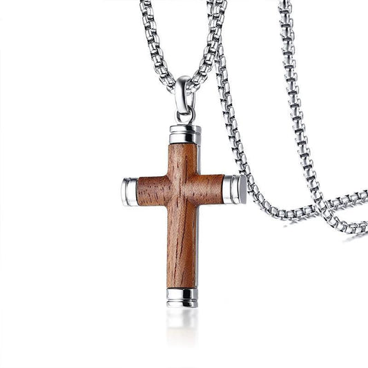 Vintage Silver & Rosewood Cross Pendant Necklace with 24" Chain-Necklaces-Innovato Design-Innovato Design