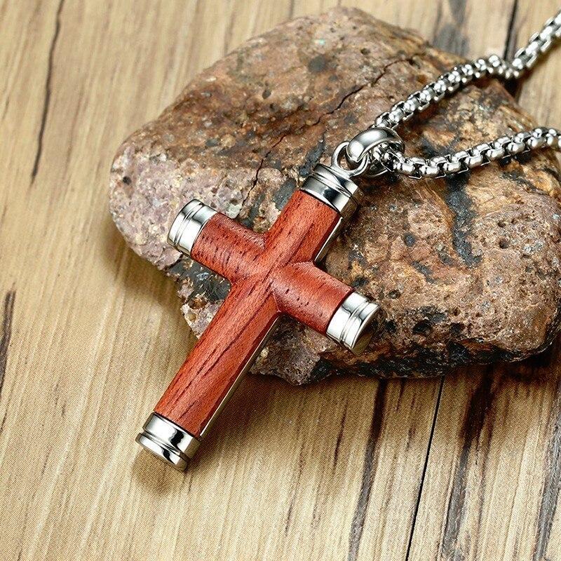 Vintage Silver & Rosewood Cross Pendant Necklace with 24" Chain-Necklaces-Innovato Design-Innovato Design
