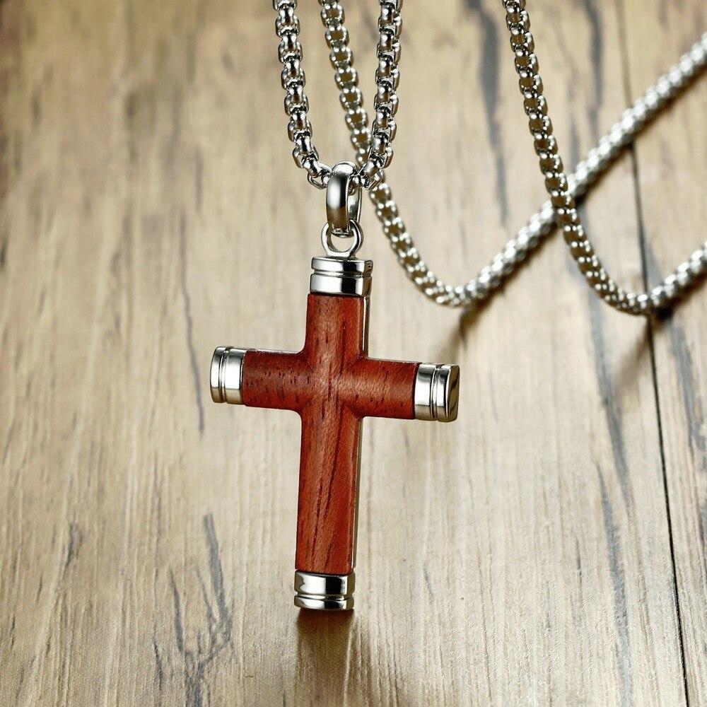 Vintage Silver & Rosewood Cross Pendant Necklace with 24" Chain-Necklaces-Innovato Design-Innovato Design