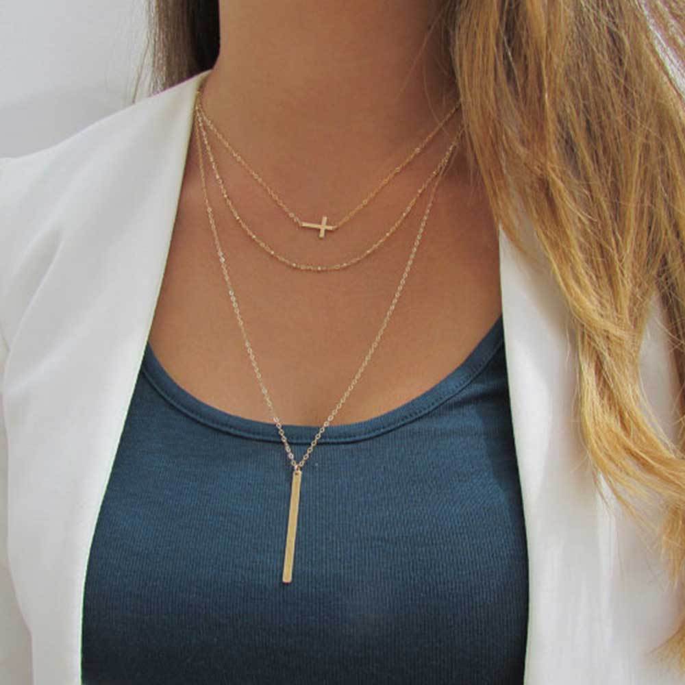 Multilayer Chain Necklace with Horizontal Cross and Long Vertical Plate Pendant-Necklaces-Innovato Design-Gold-Innovato Design