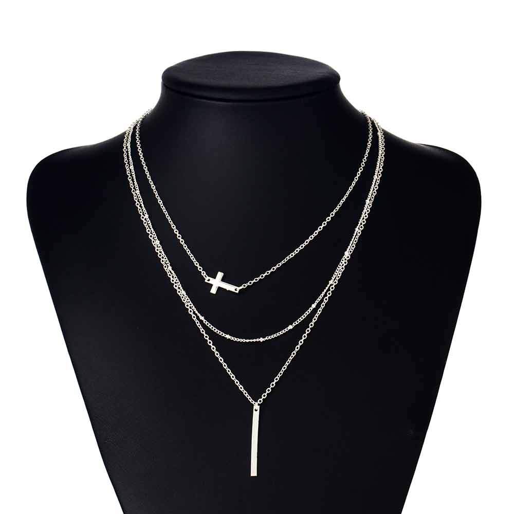 Multilayer Chain Necklace with Horizontal Cross and Long Vertical Plate Pendant-Necklaces-Innovato Design-Gold-Innovato Design