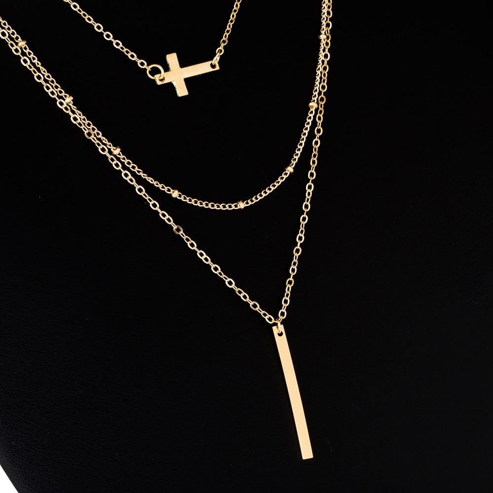 Multilayer Chain Necklace with Horizontal Cross and Long Vertical Plate Pendant-Necklaces-Innovato Design-Gold-Innovato Design