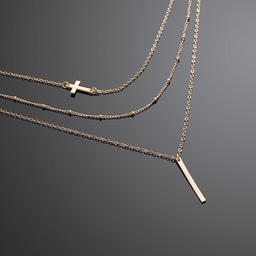 Multilayer Chain Necklace with Horizontal Cross and Long Vertical Plate Pendant-Necklaces-Innovato Design-Gold-Innovato Design