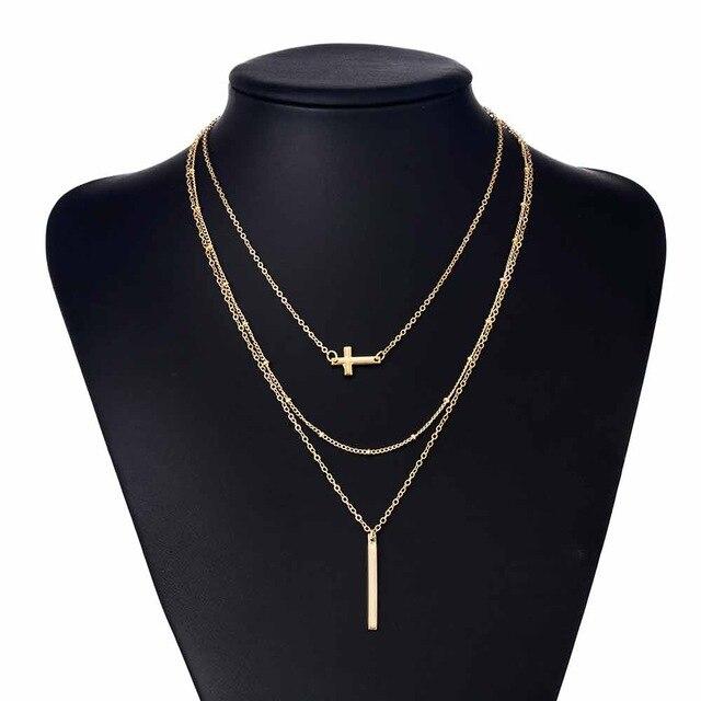 Multilayer Chain Necklace with Horizontal Cross and Long Vertical Plate Pendant-Necklaces-Innovato Design-Gold-Innovato Design