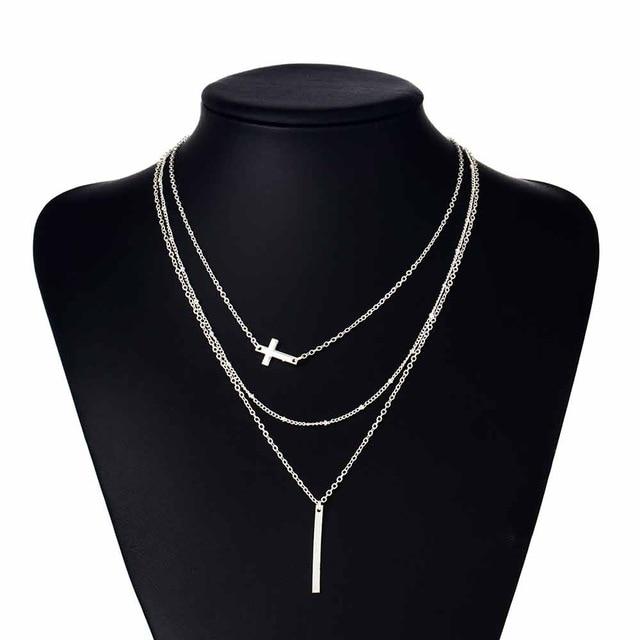 Multilayer Chain Necklace with Horizontal Cross and Long Vertical Plate Pendant-Necklaces-Innovato Design-Silver-Innovato Design
