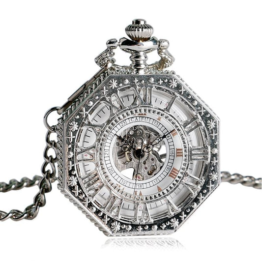 Silver Octagon Pocket Watch with Roman Numeral Carvings and Visible Gear Skeleton-Pocket Watch-Innovato Design-Innovato Design