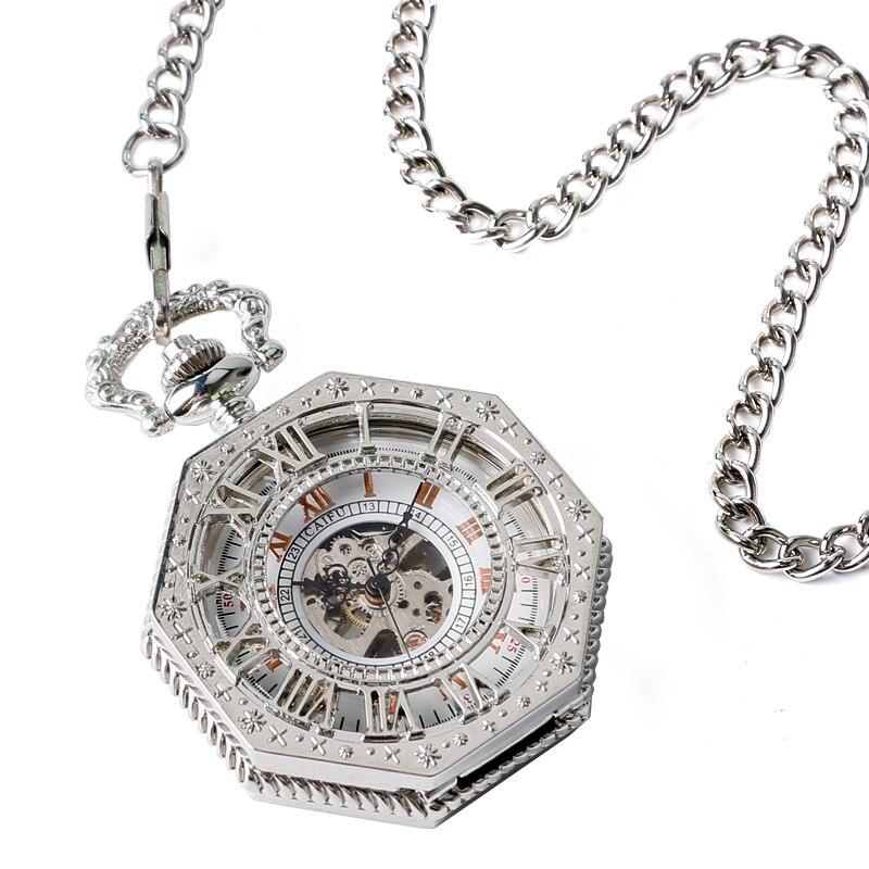 Silver Octagon Pocket Watch with Roman Numeral Carvings and Visible Gear Skeleton-Pocket Watch-Innovato Design-Innovato Design