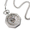 Silver Octagon Pocket Watch with Roman Numeral Carvings and Visible Gear Skeleton - InnovatoDesign
