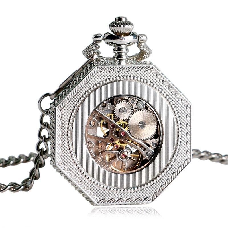 Silver Octagon Pocket Watch with Roman Numeral Carvings and Visible Gear Skeleton-Pocket Watch-Innovato Design-Innovato Design