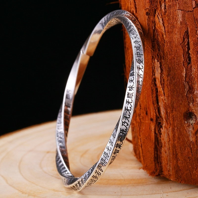 Buddhist Heart Sutra 990 Genuine Silver Vintage Open Cuff Bracelet-Bracelets-Innovato Design-Innovato Design
