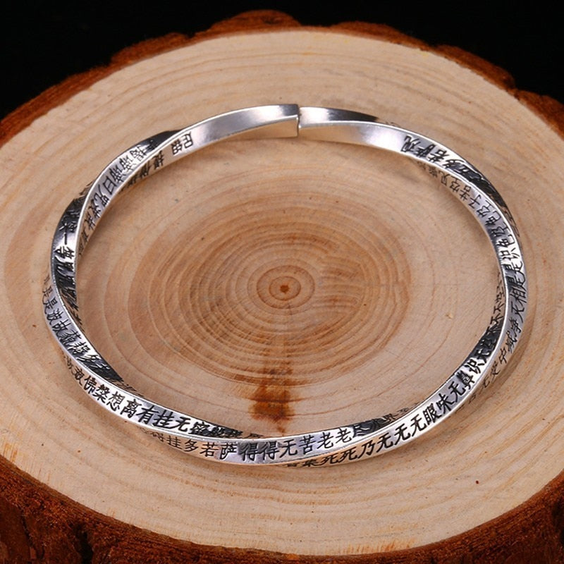Buddhist Heart Sutra 990 Genuine Silver Vintage Open Cuff Bracelet-Bracelets-Innovato Design-Innovato Design